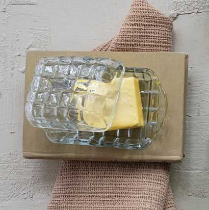 Grid Pressed Glass Butter Dish