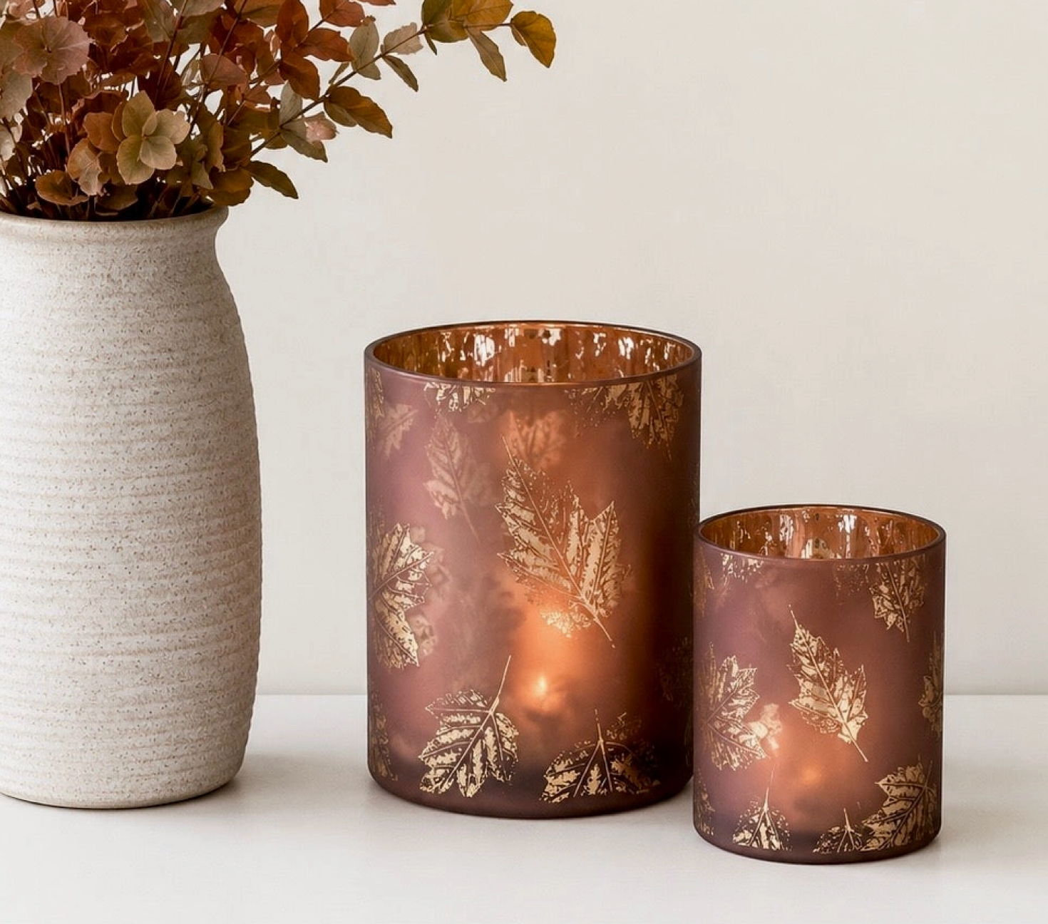 Frosted Metallic Leaf Hurricane Candle Holder