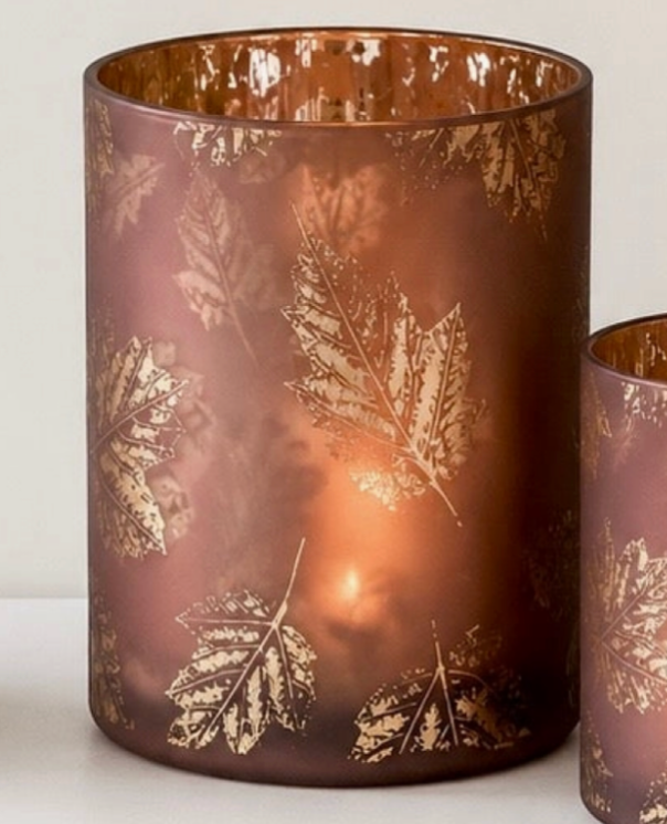 Frosted Metallic Leaf Hurricane Candle Holder