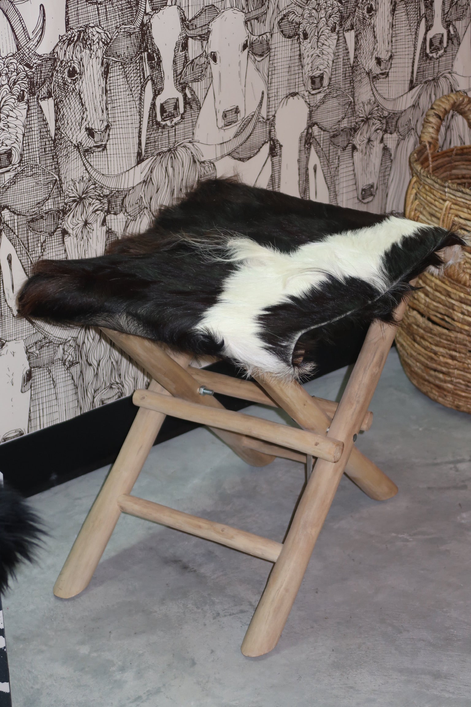 Folding Goat Fur & Teakwood Stool