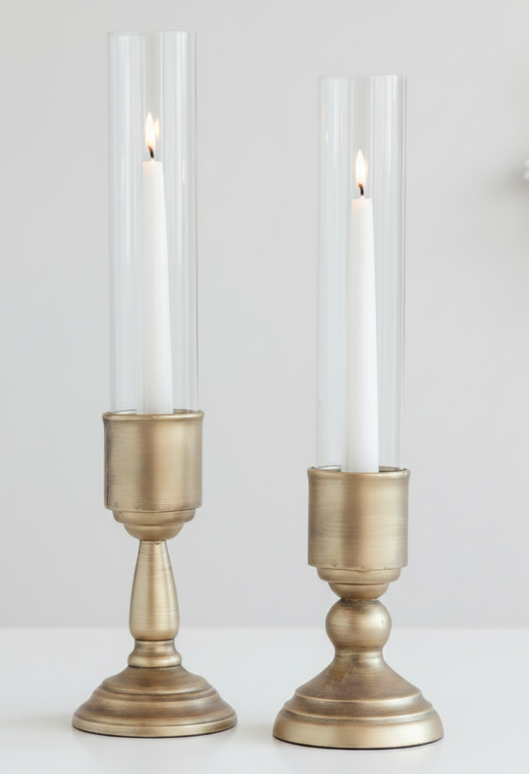 Gold Metal & Glass Taper Hurricane Holder- 2 Sizes