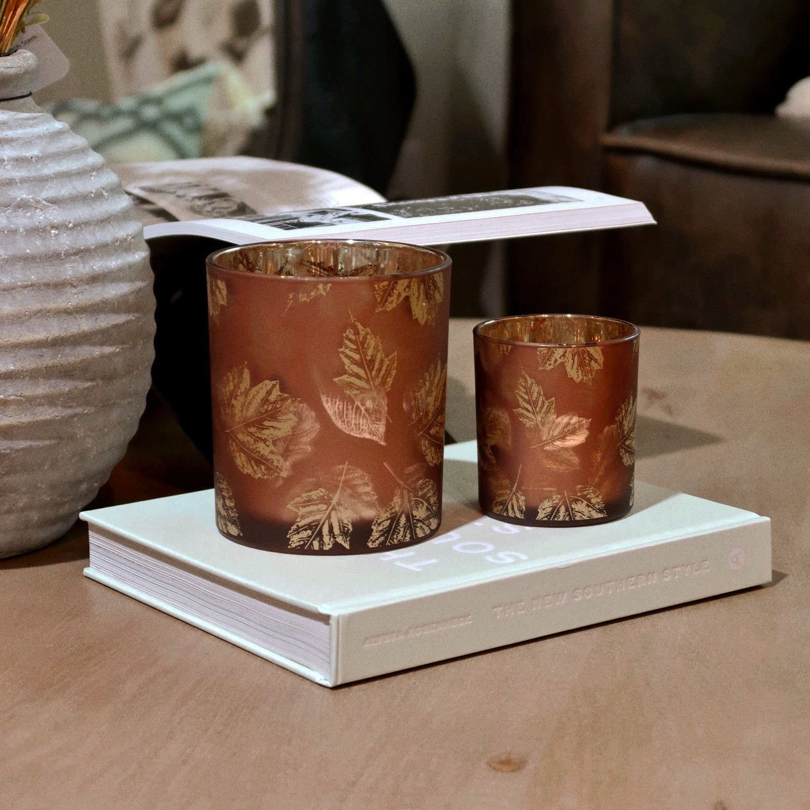 Frosted Metallic Leaf Hurricane Candle Holder- 2 sizes