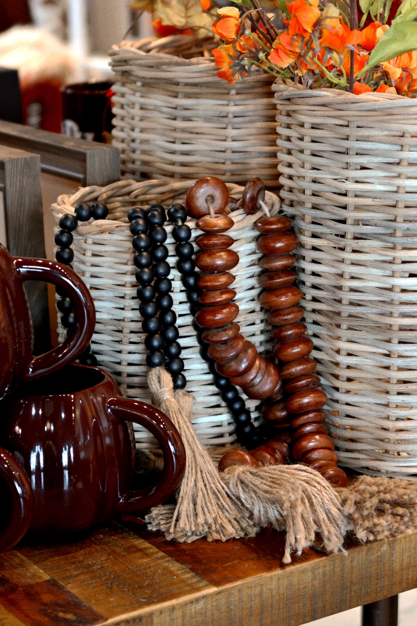 Black Wood Bead Garland w/Natural Tassle