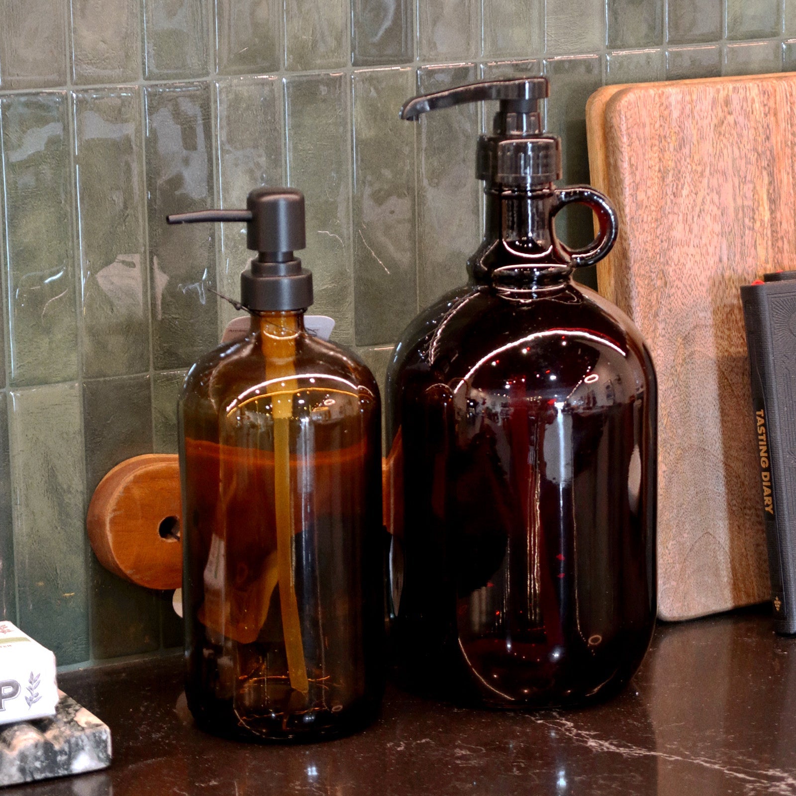 Brown Glass Pump Dispenser with Handle