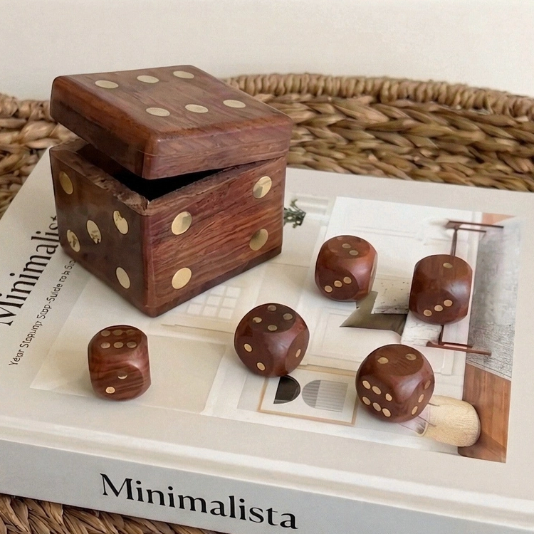 Brass Inlay Dice Box with 5 Dice- Set