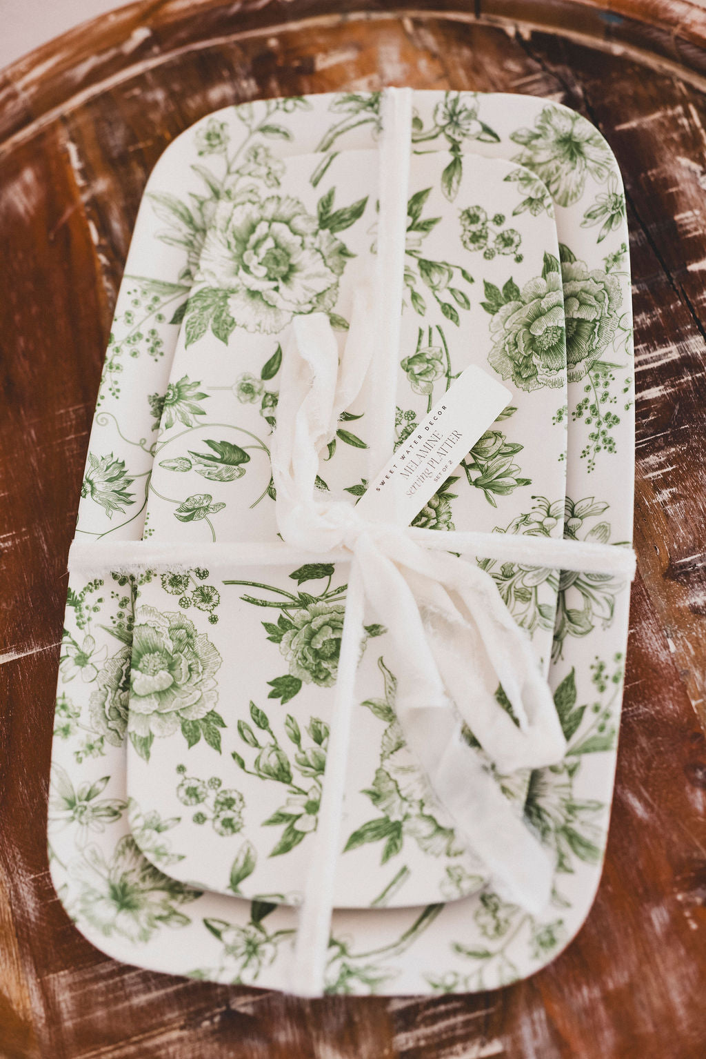 Green Floral Serving Trays - Set of 2