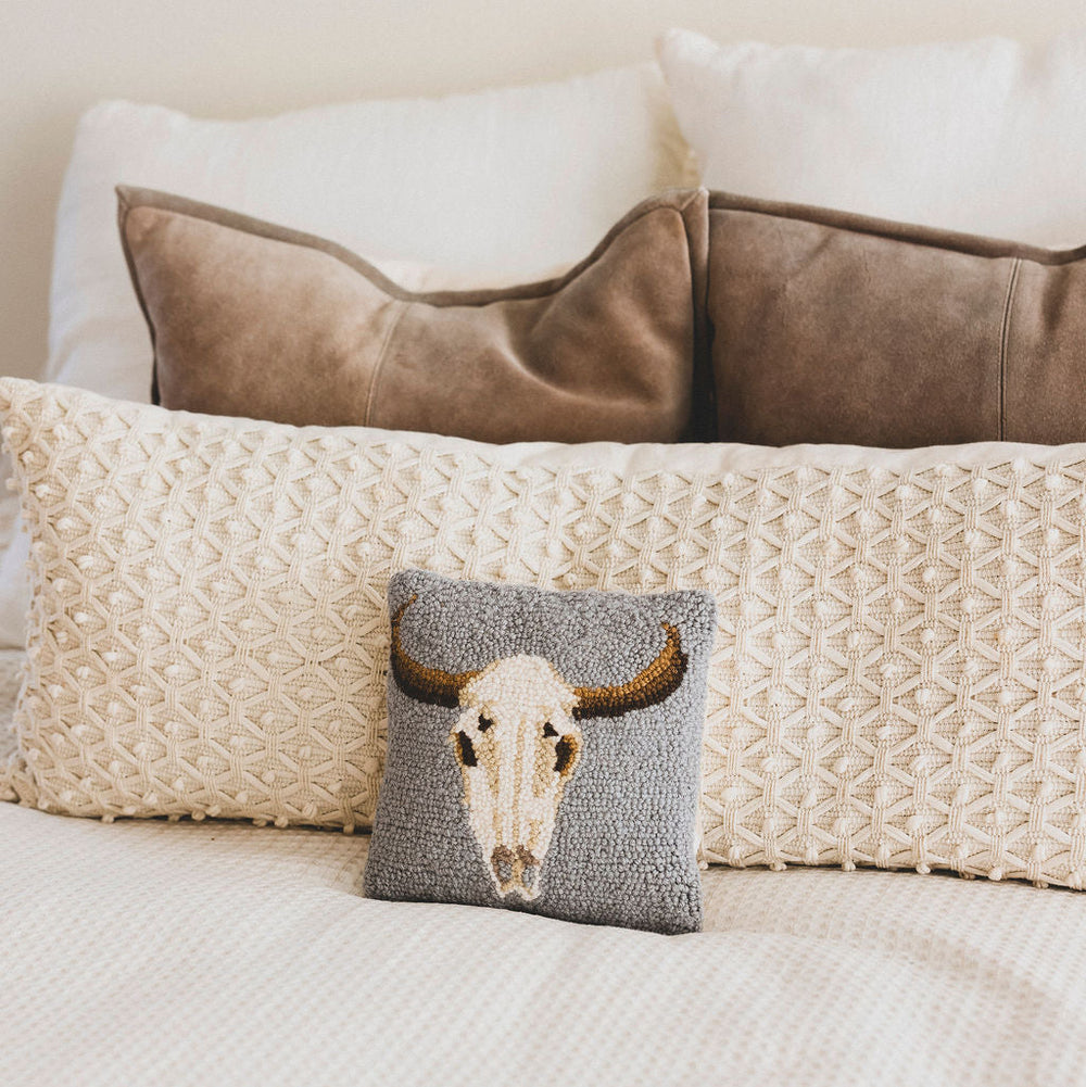 Hand-Hooked Cow Skull Wool Pillow