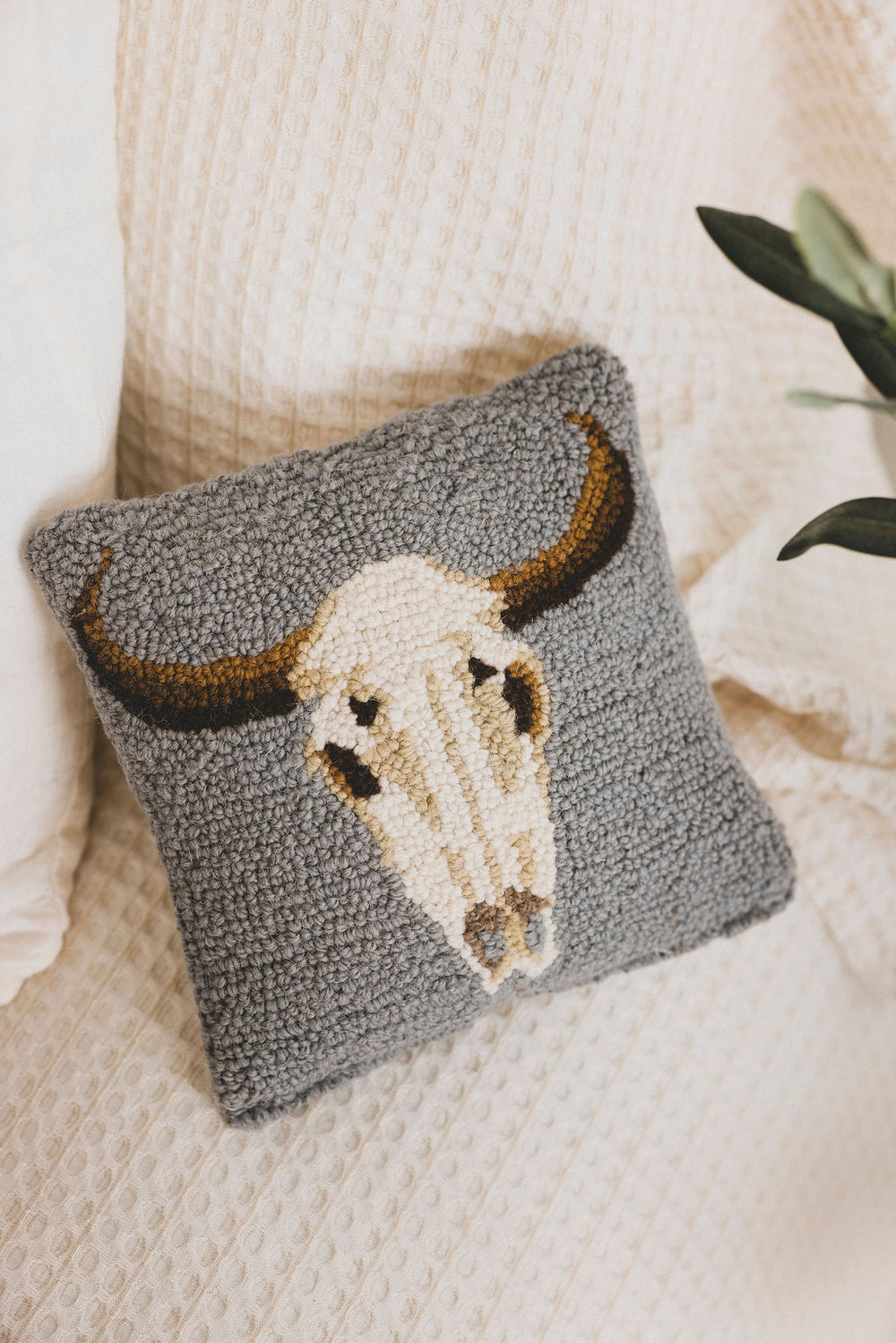 Hand-Hooked Cow Skull Wool Pillow