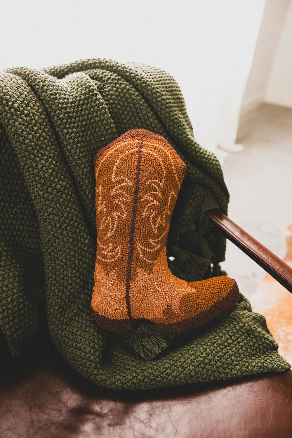 Hand-Hooked Cowboy Boot Wool Pillow