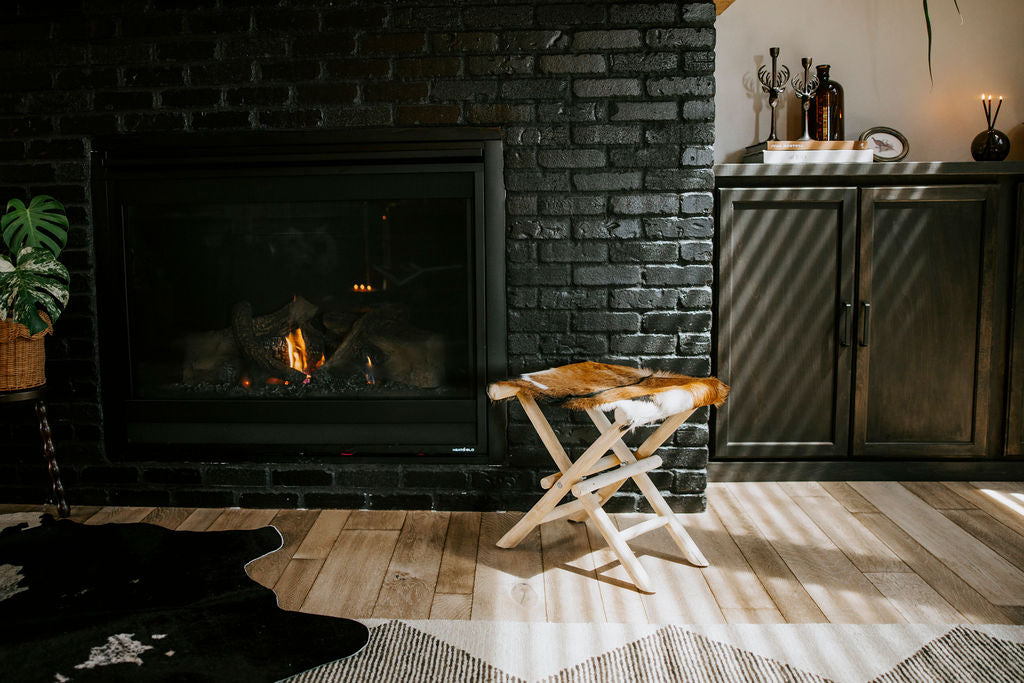 Folding Goat Fur & Teakwood Stool