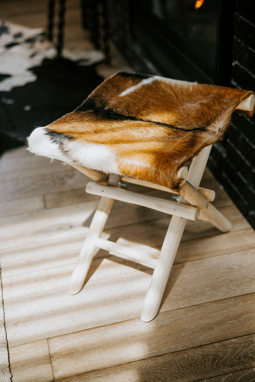 Folding Goat Fur & Teakwood Stool