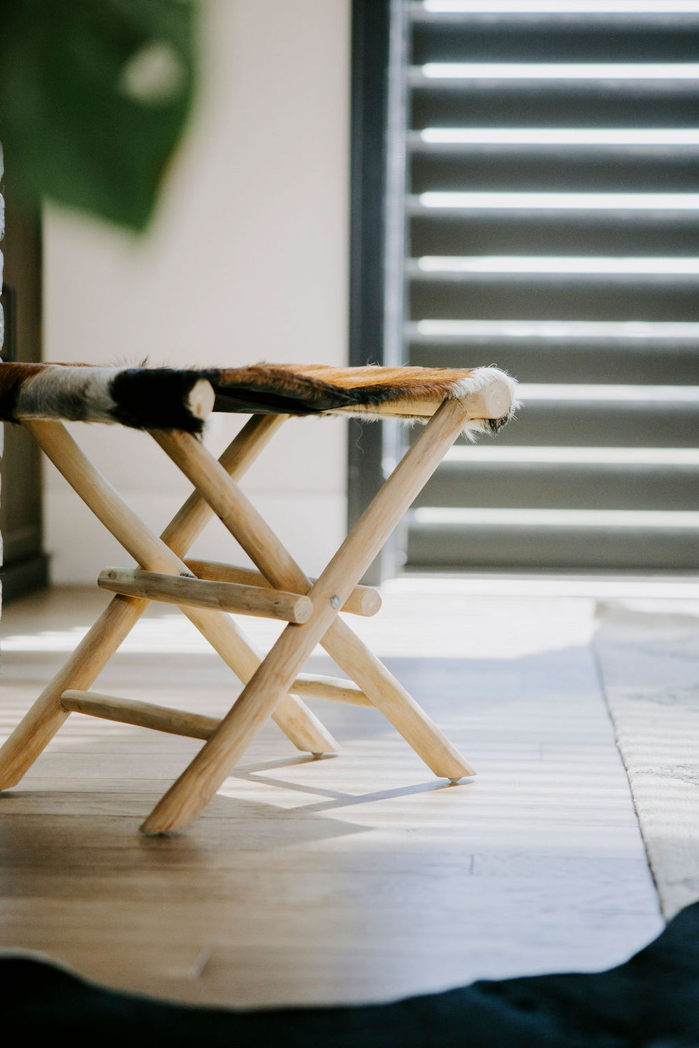 Folding Goat Fur & Teakwood Stool