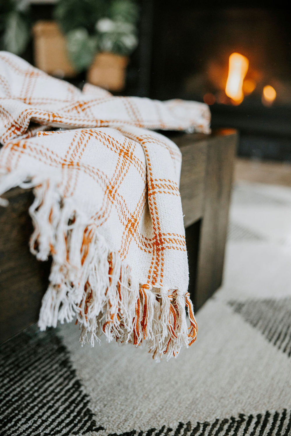 Burnt Orange Plaid Throw Blanket with Tassels