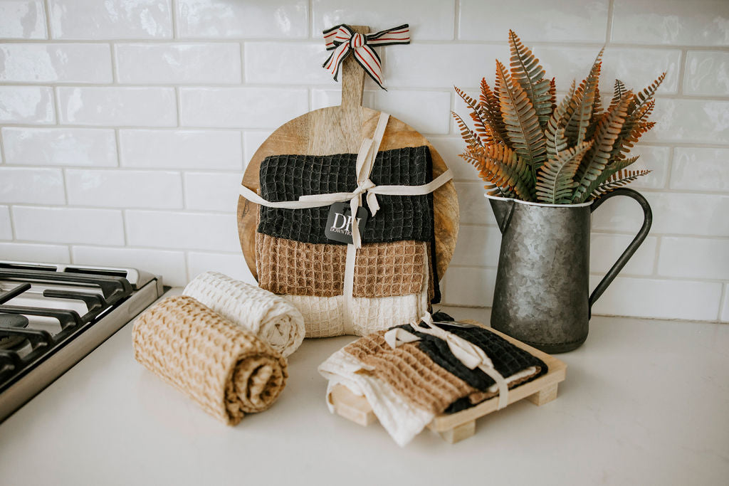 Large Serving Board with Set of Waffle Weaved Tea Towels