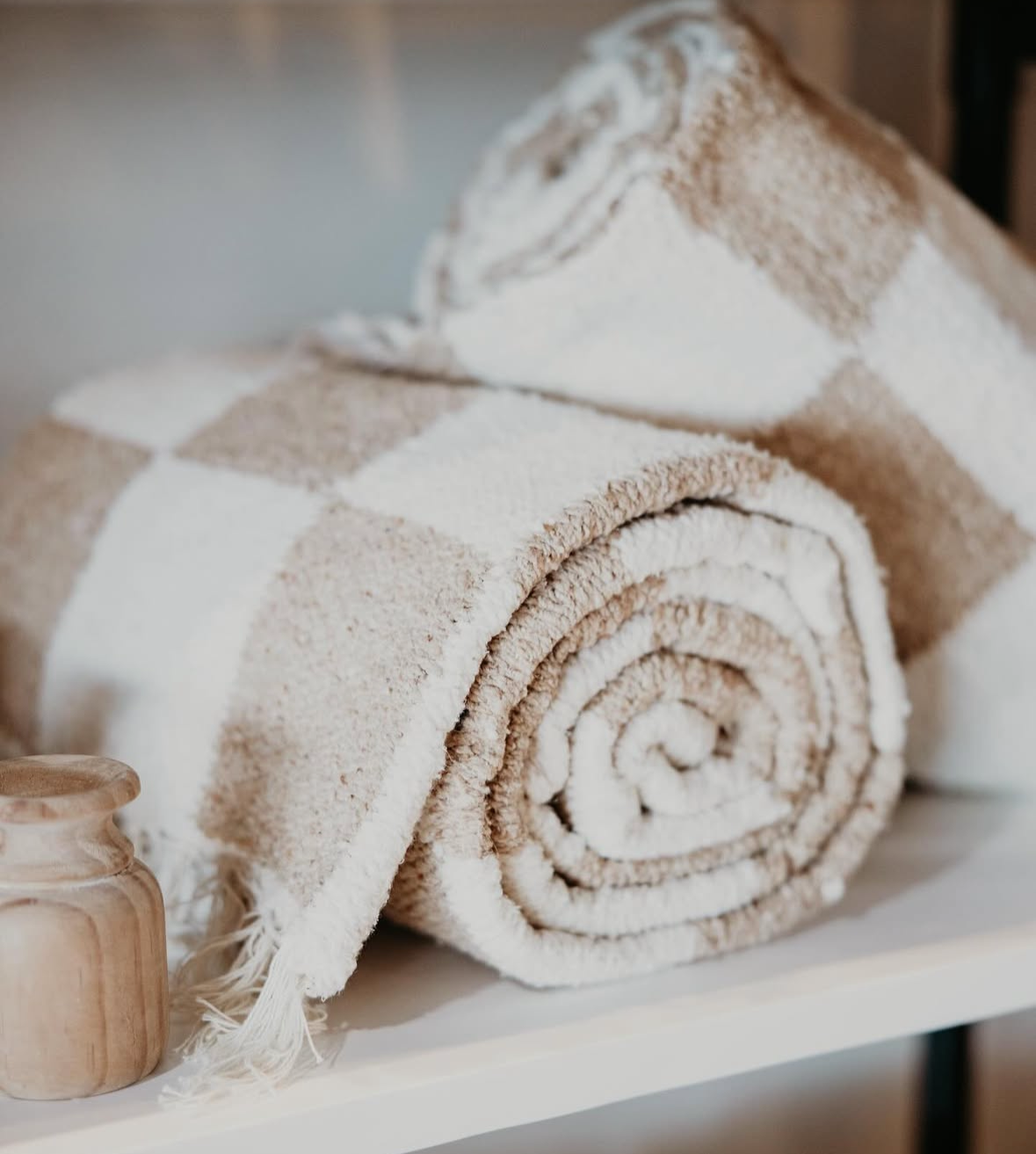 Cream Checkered Throw with Tassels