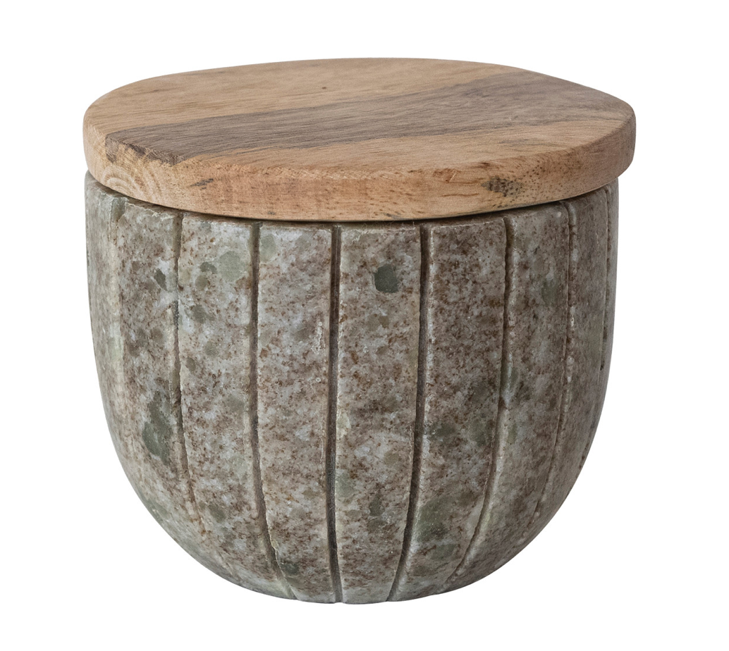 Carved Marble Bowl with Mango Wood Lid