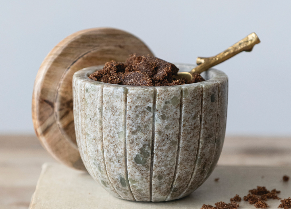 Carved Marble Bowl with Mango Wood Lid
