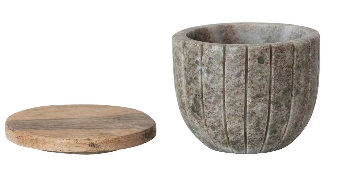 Carved Marble Bowl with Mango Wood Lid