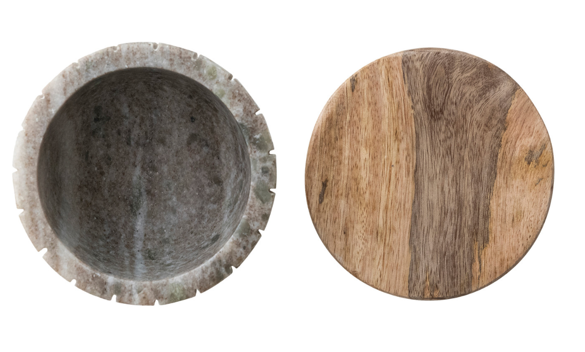 Carved Marble Bowl with Mango Wood Lid