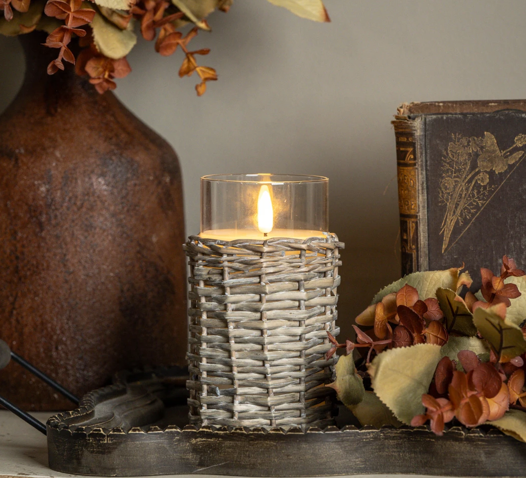 3D Flame Woven Wicker Glass Candle - 2 Sizes
