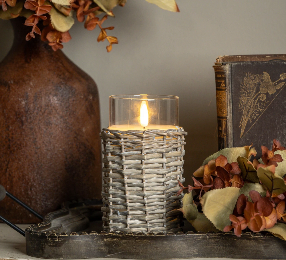 3D Flame Woven Wicker Glass Candle - 2 Sizes