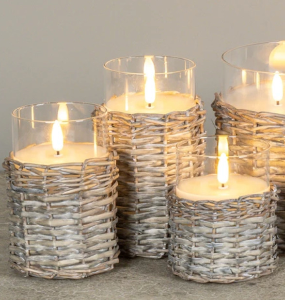 3D Flame Woven Wicker Glass Candle - 2 Sizes