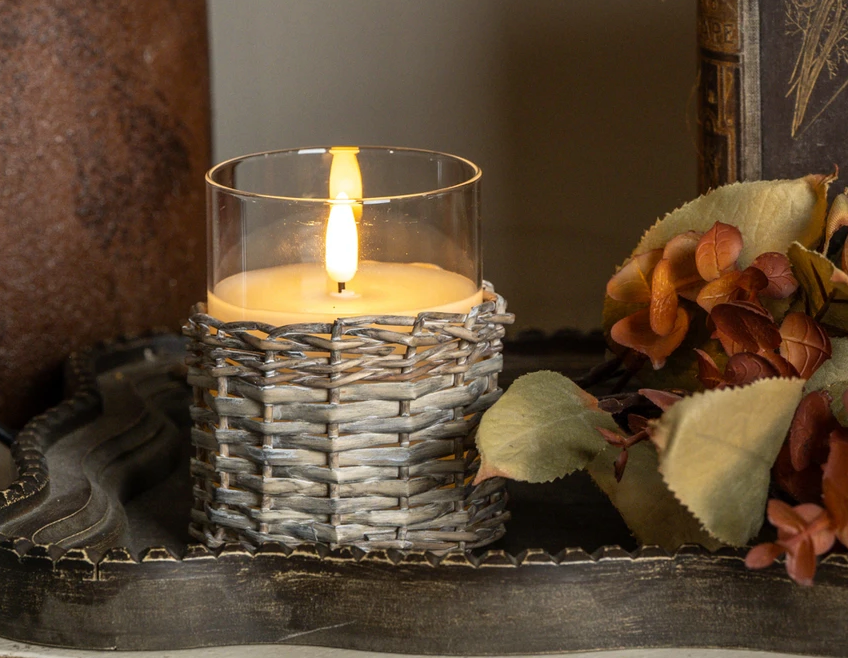 3D Flame Woven Wicker Glass Candle - 2 Sizes