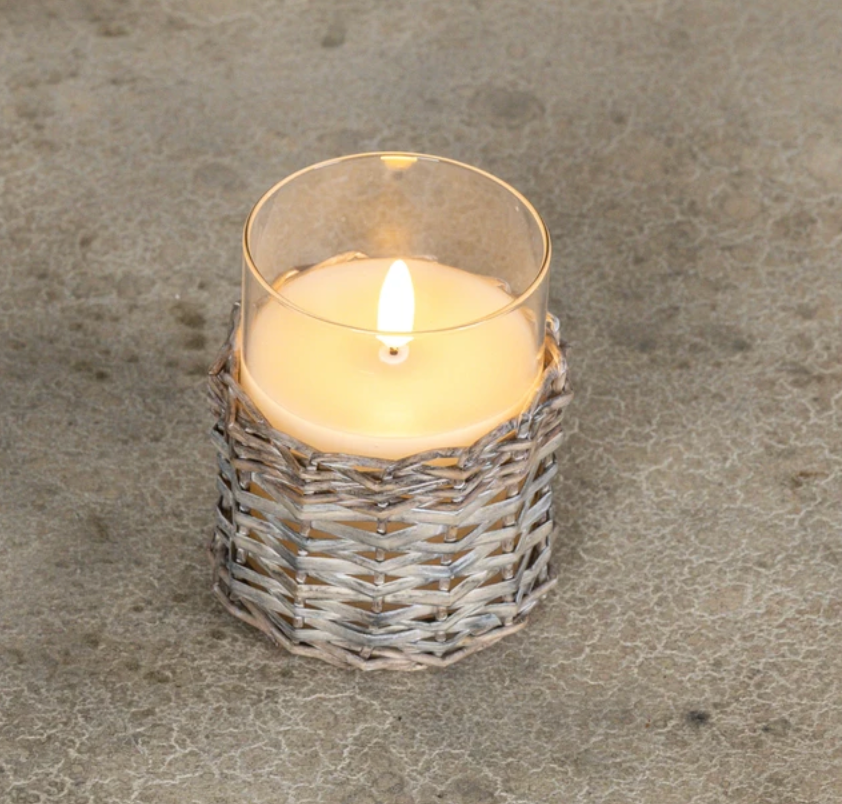 3D Flame Woven Wicker Glass Candle - 2 Sizes