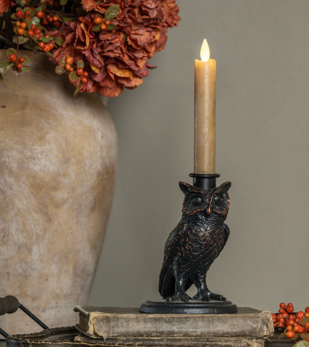 Antiqued Bronze Owl Taper Candle Holder