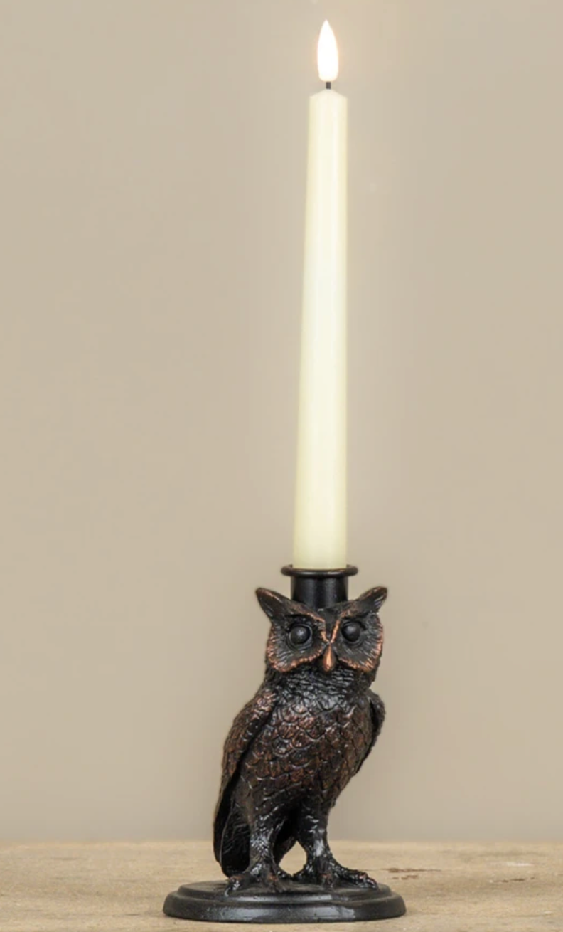Antiqued Bronze Owl Taper Candle Holder