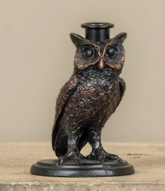 Antiqued Bronze Owl Taper Candle Holder