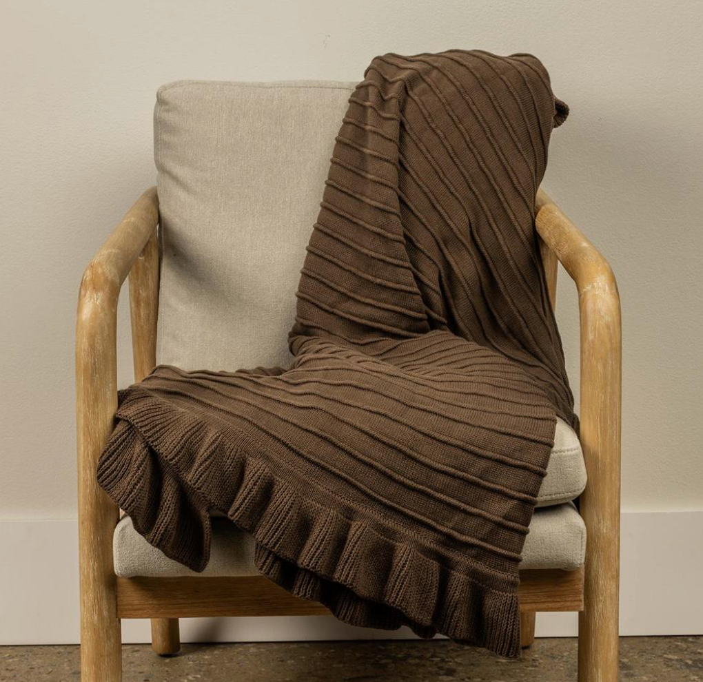 Ribbed Knit Throw Blanket with Ruffled Edge