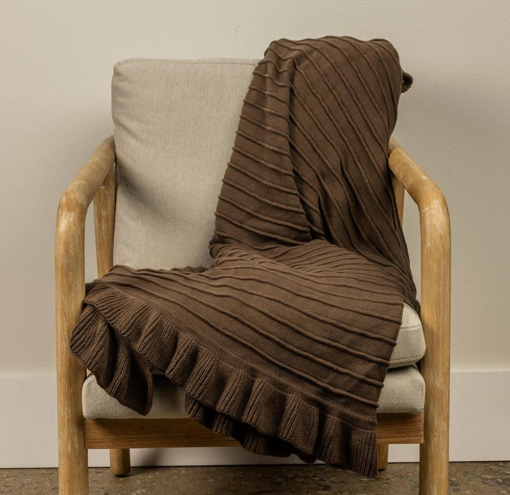 Ribbed Knit Throw Blanket with Ruffled Edge