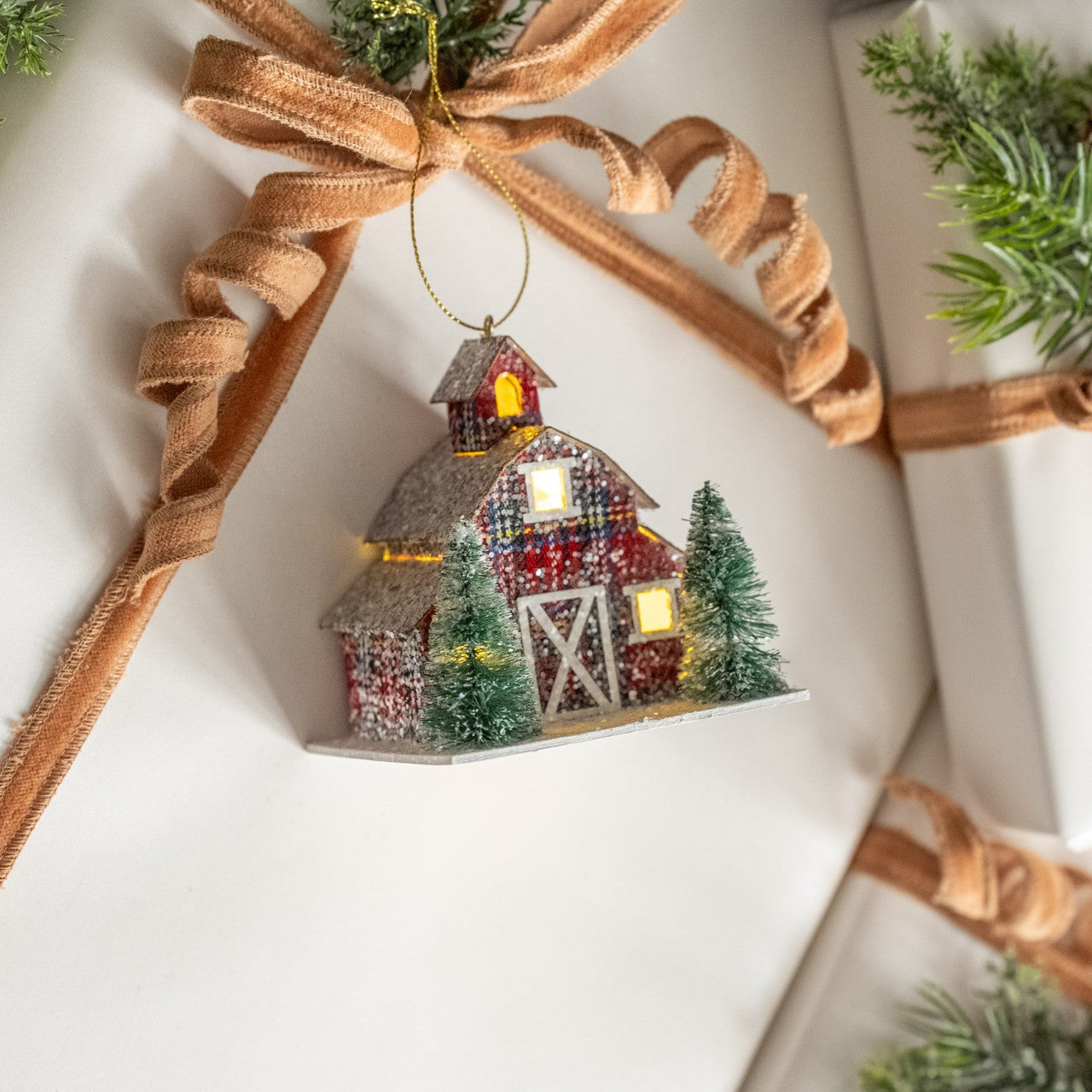 Lighted Plaid Barn Ornament