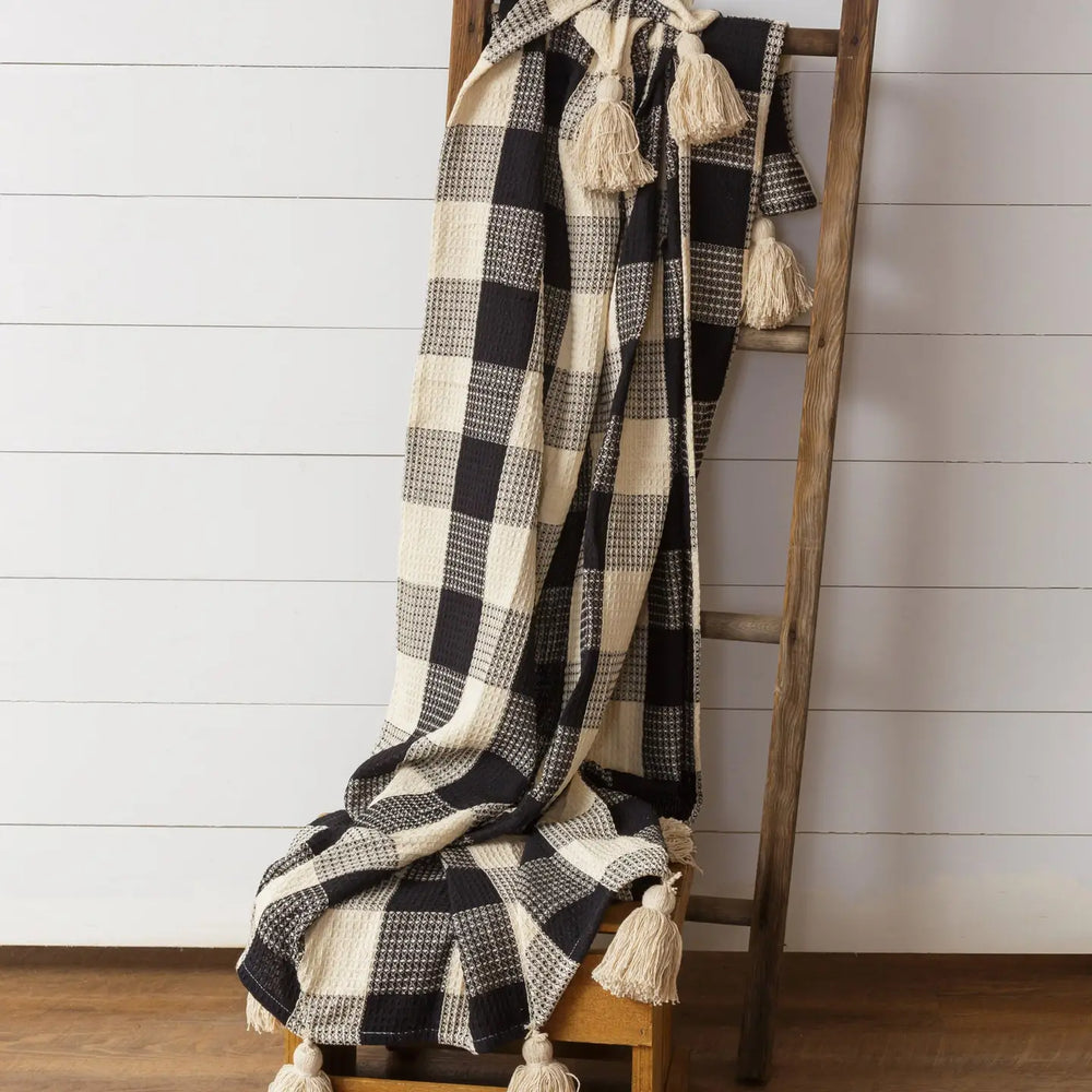 Checkered Cotton Throw Blanket w/ Oversized Tassels