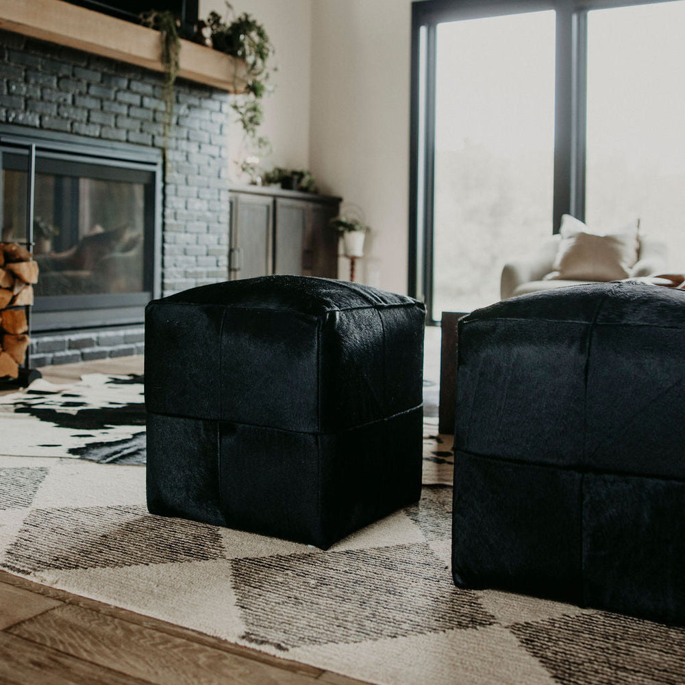 Natural Cowhide Poufs - Black Solid