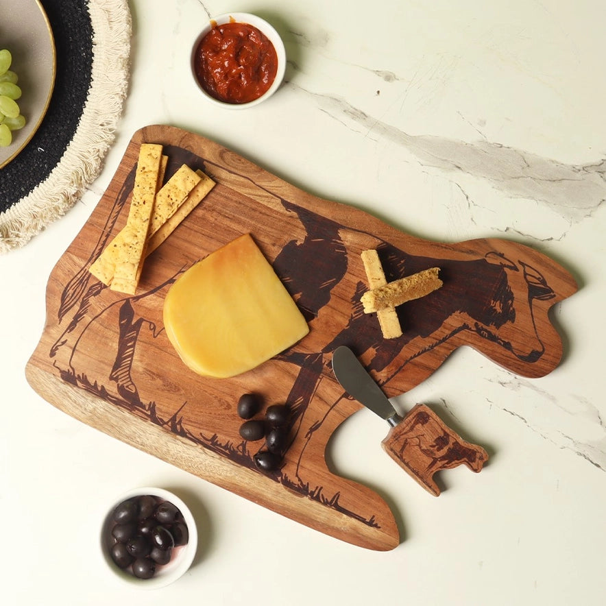 Handcrafted Cow Shaped Serving Board + Knife