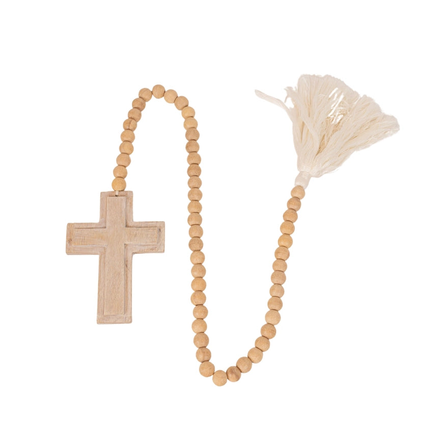 Wood Cross Beaded Rope & Tassel