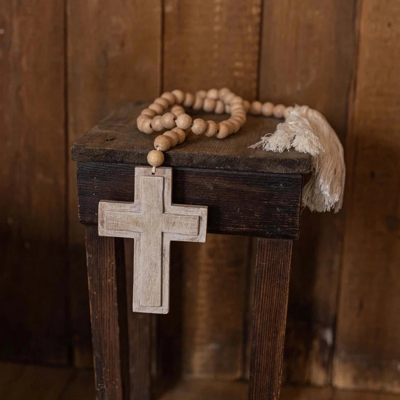 Wood Cross Beaded Rope & Tassel