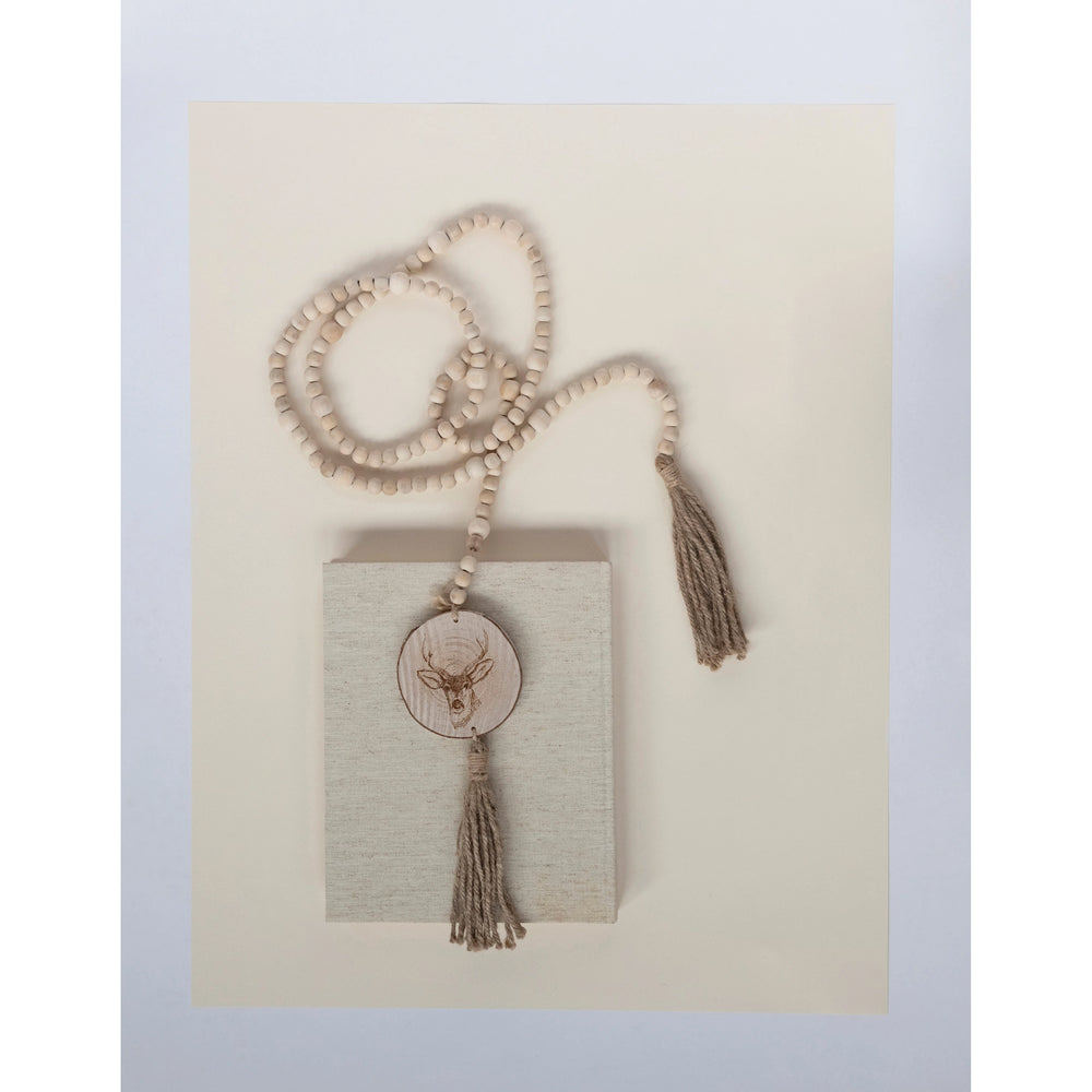 Wood Beaded Garland w/Deer Portrait & Tassels