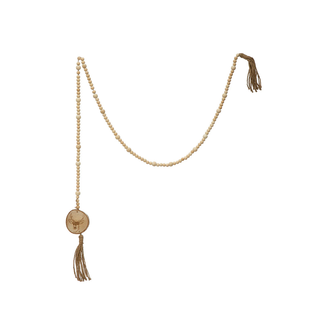 Wood Beaded Garland w/Deer Portrait & Tassels