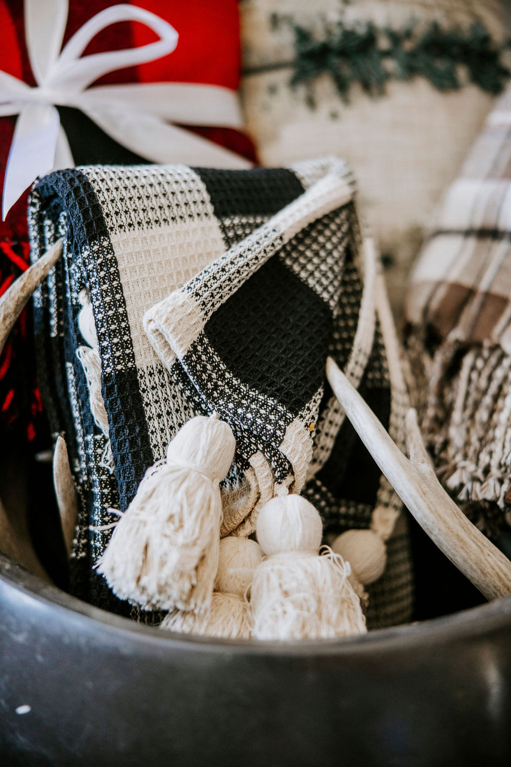 Checkered Cotton Throw Blanket w/ Oversized Tassels