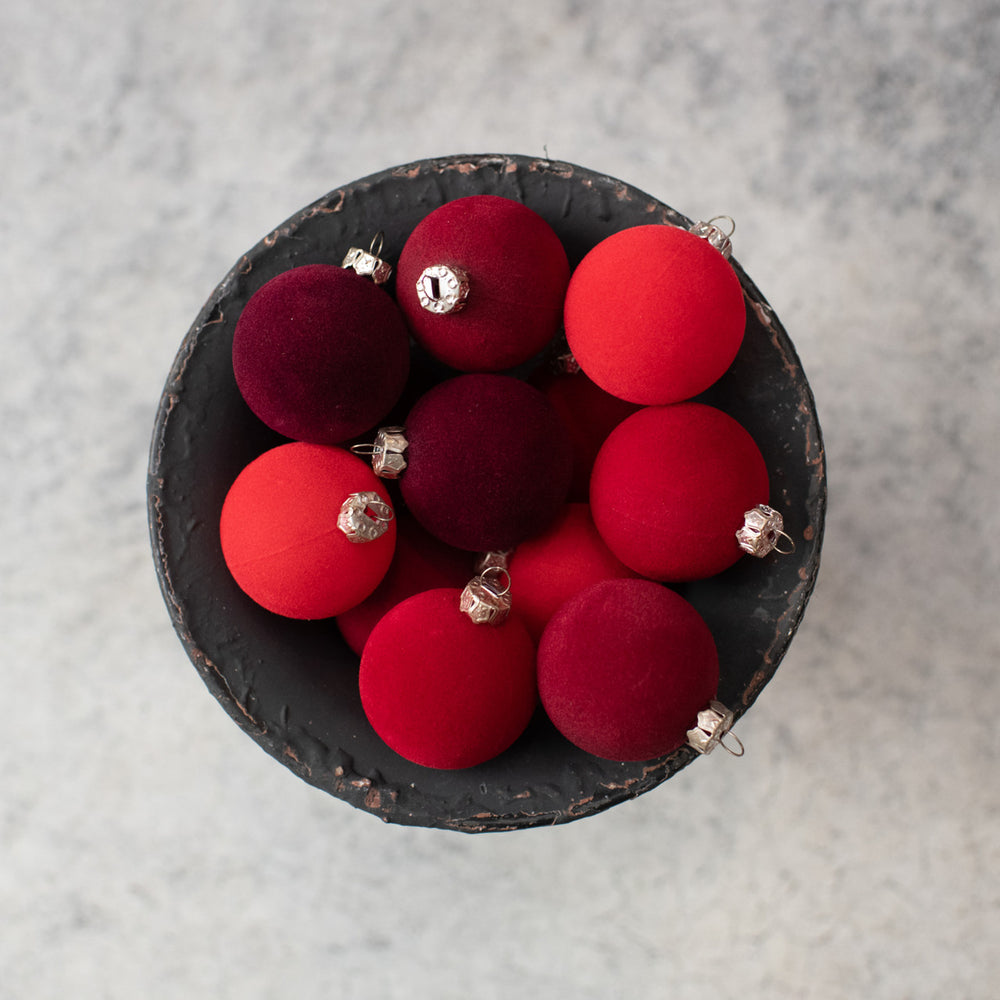 Shades of Red Flocked Ornaments - Set of 12