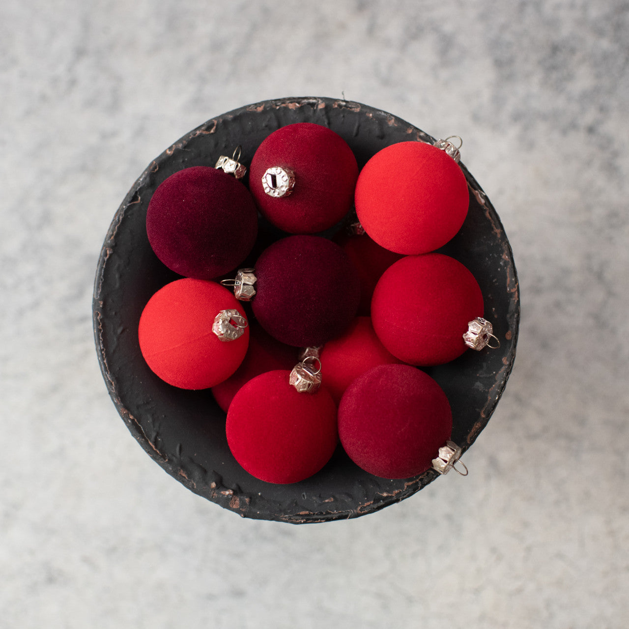 Shades of Red Flocked Ornaments - Set of 12