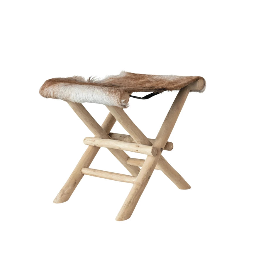 Folding Goat Fur & Teakwood Stool