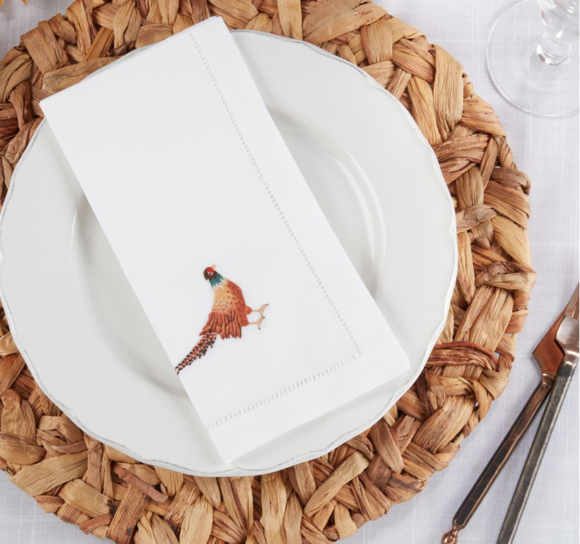 Embroidered Pheasant Hemstitch Napkin