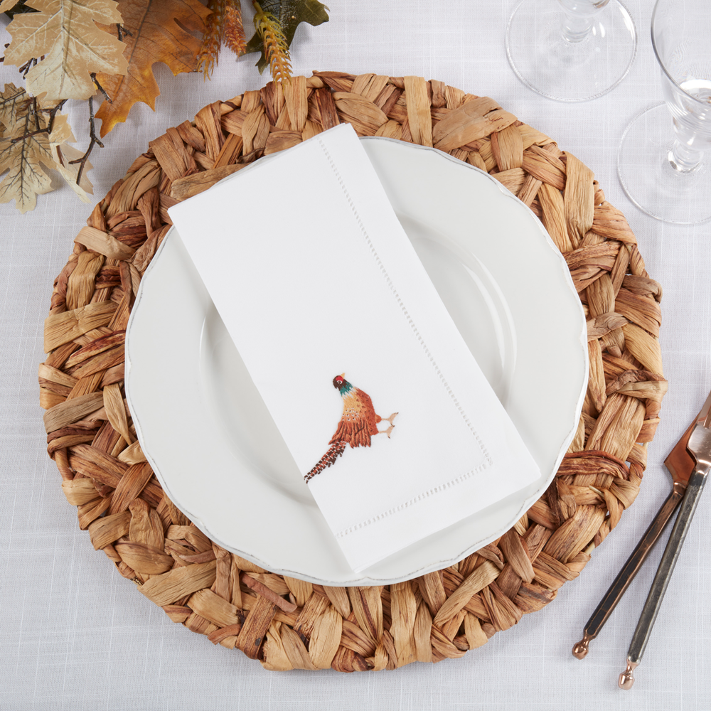 Embroidered Pheasant Hemstitch Napkin