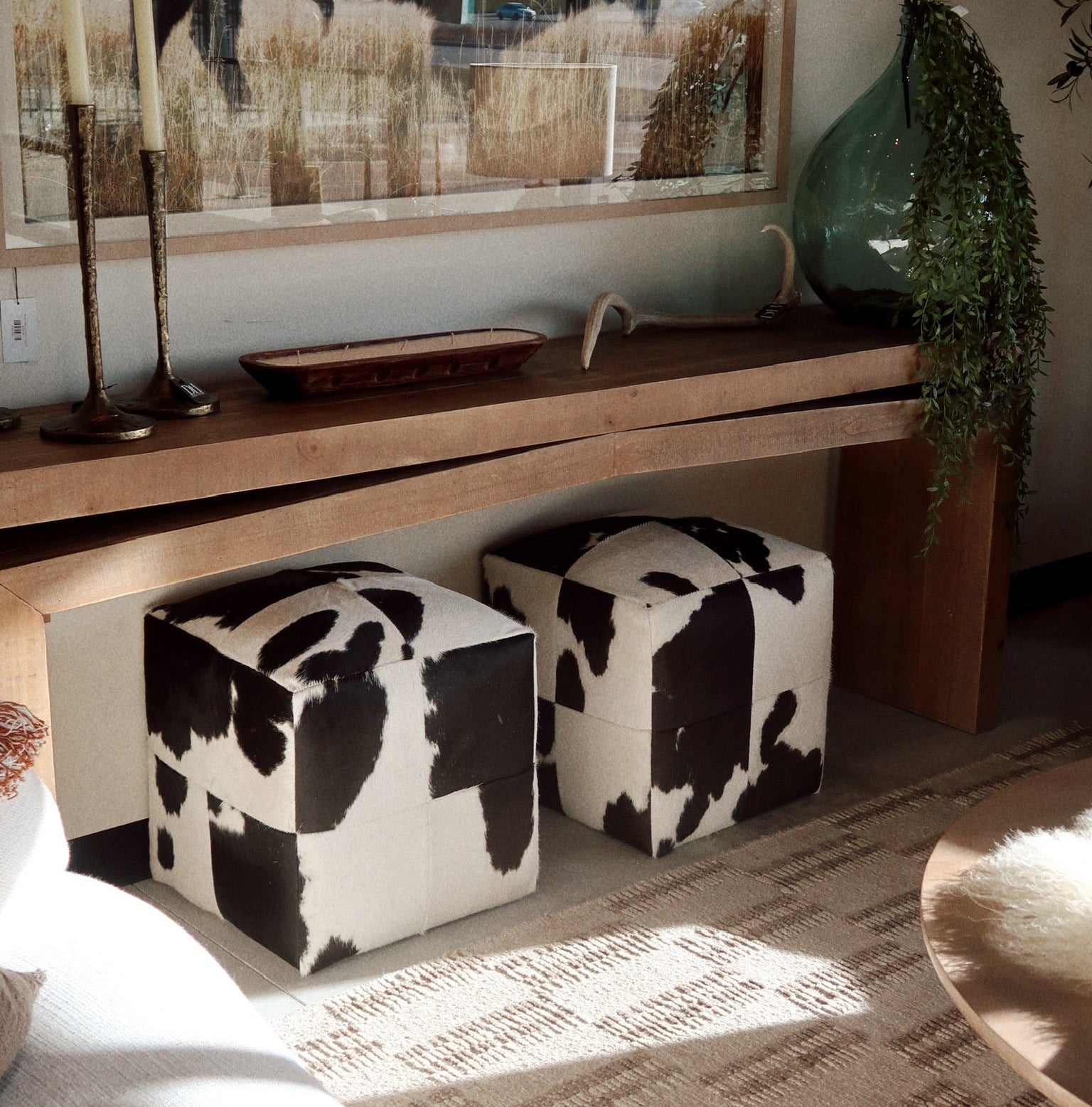 Natural Cowhide Poufs - Black Cloudy