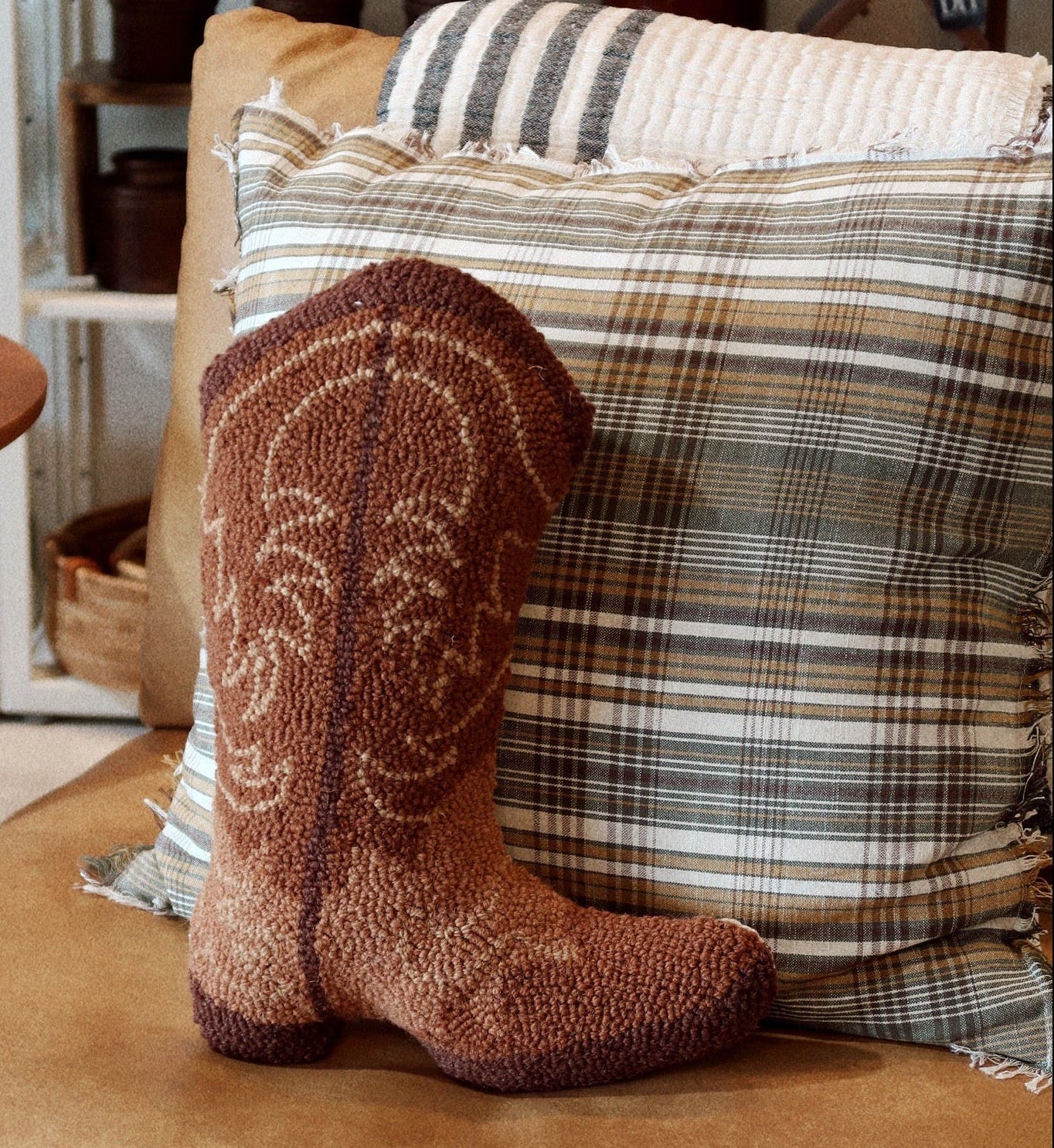 Hand-Hooked Cowboy Boot Wool Pillow