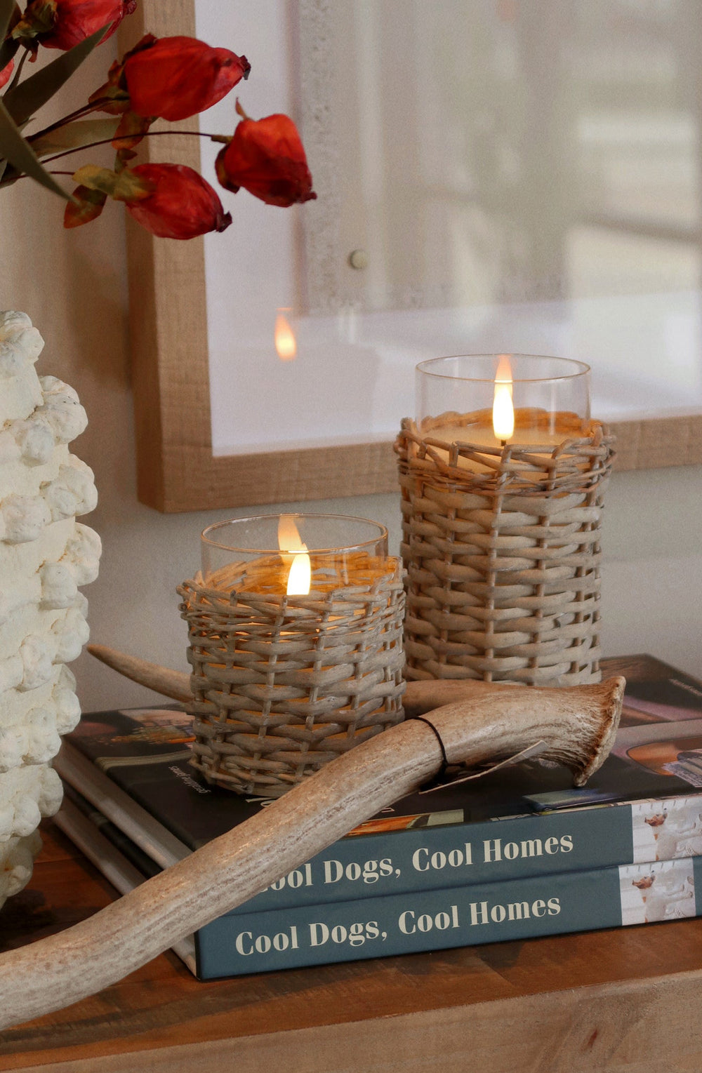 3D Flame Woven Wicker Glass Candle - 2 Sizes